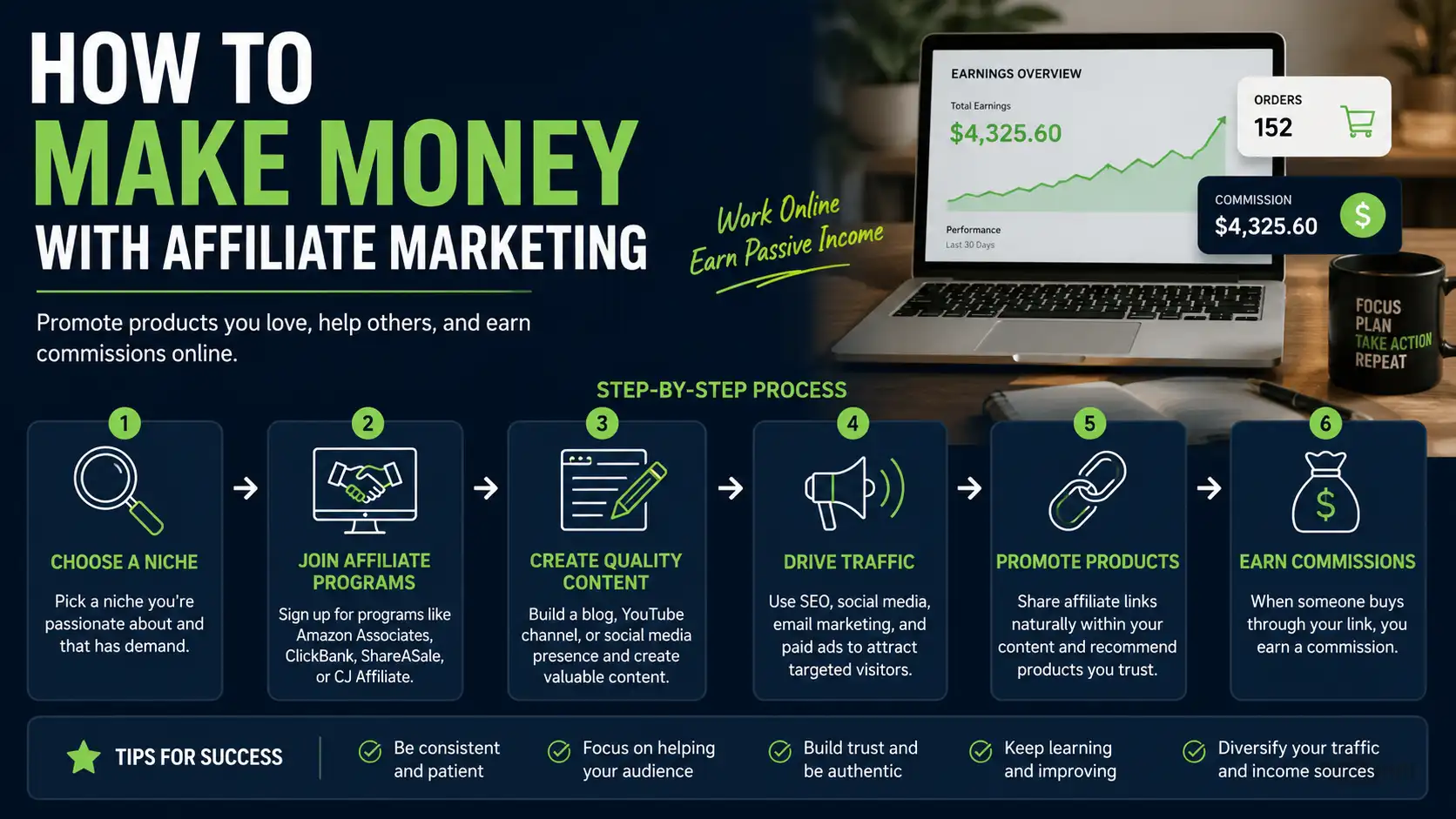 Infographic showing how affiliate marketing works step by step